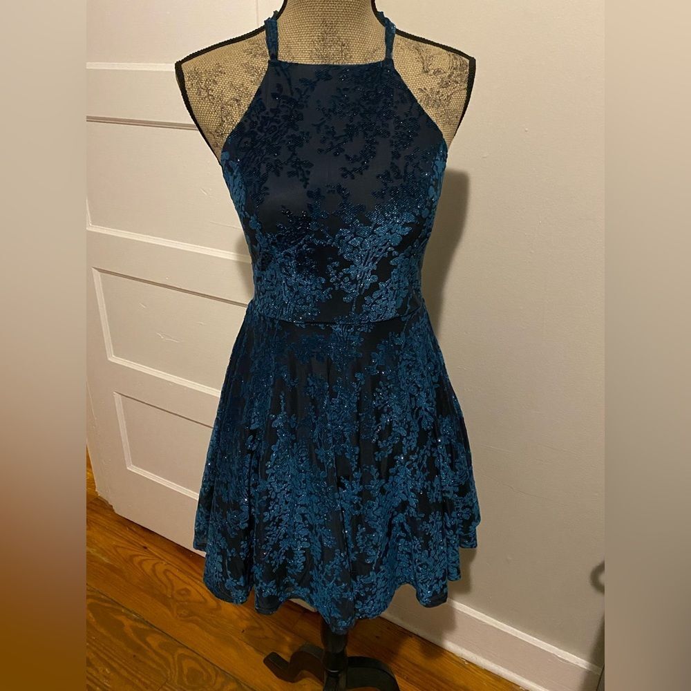 Jodi Kristopher Sparkly Navy Blue Fit and Flare Tulle Dress